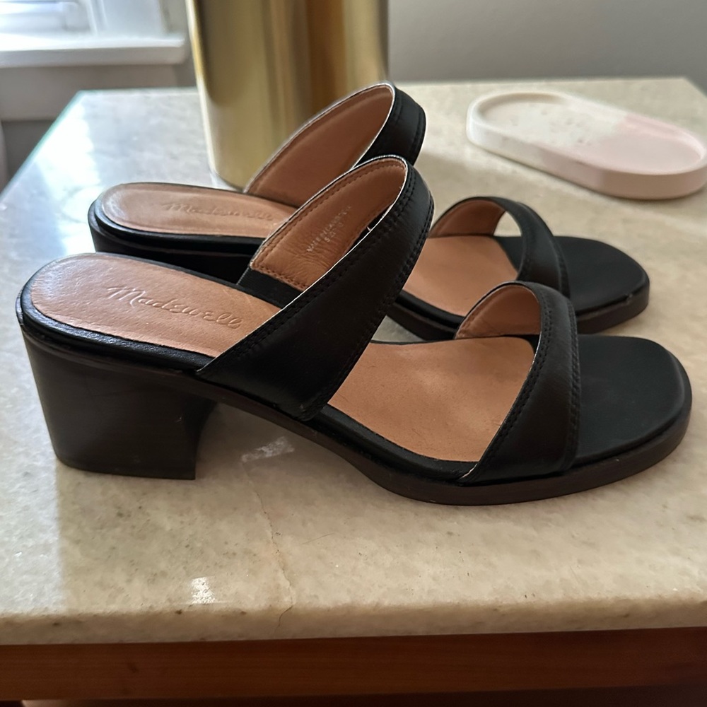 Madewell The Saige Double Strap Black Leather Heeled Sandals Size 10